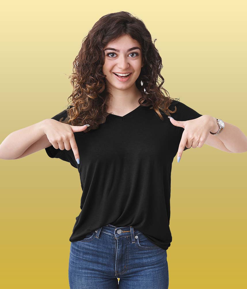 Cheeky young excited confident armenian woman with curly hair we
